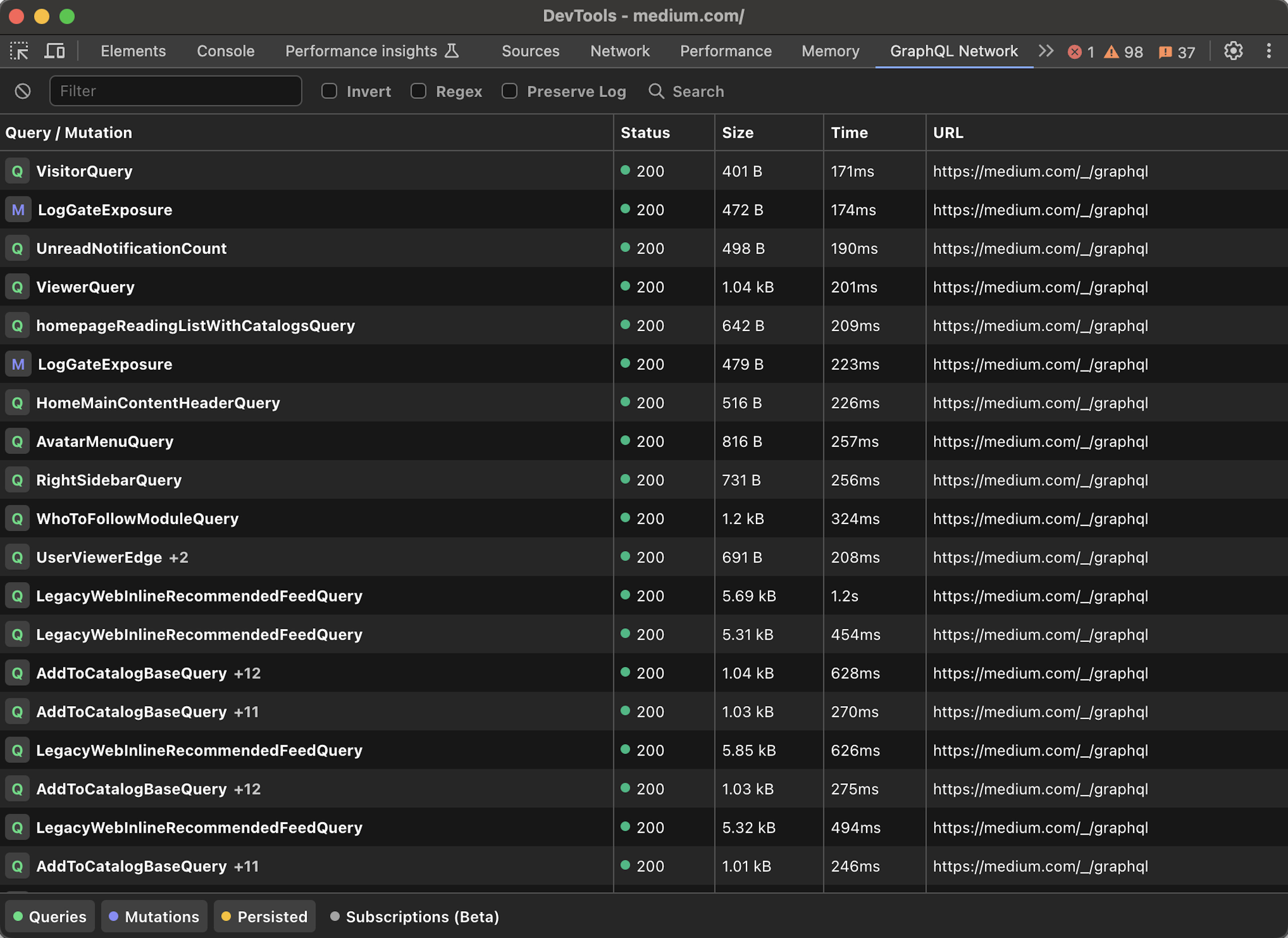 GraphQL requests show in a table view