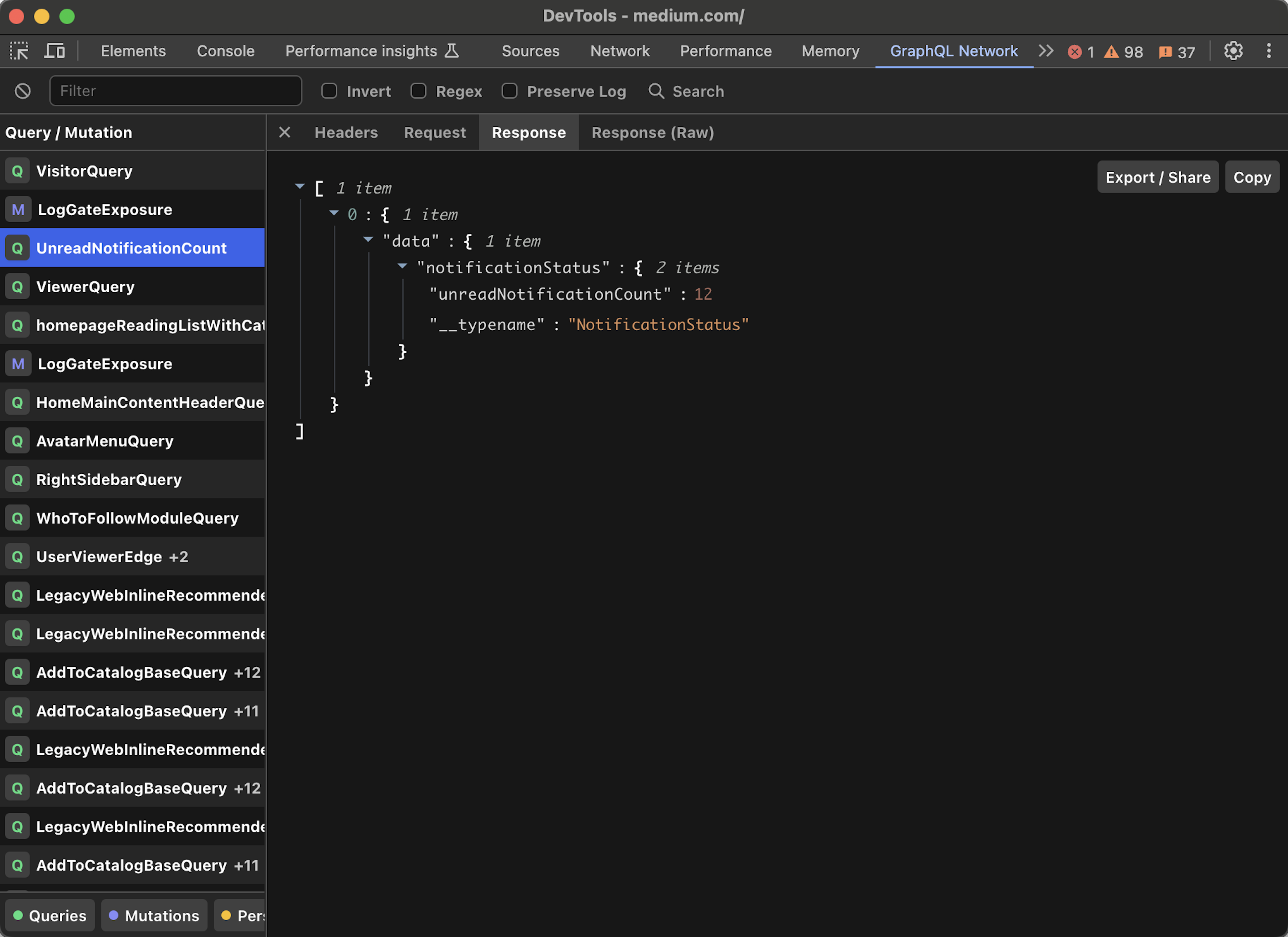 Expanded request panel showing GraphQL response