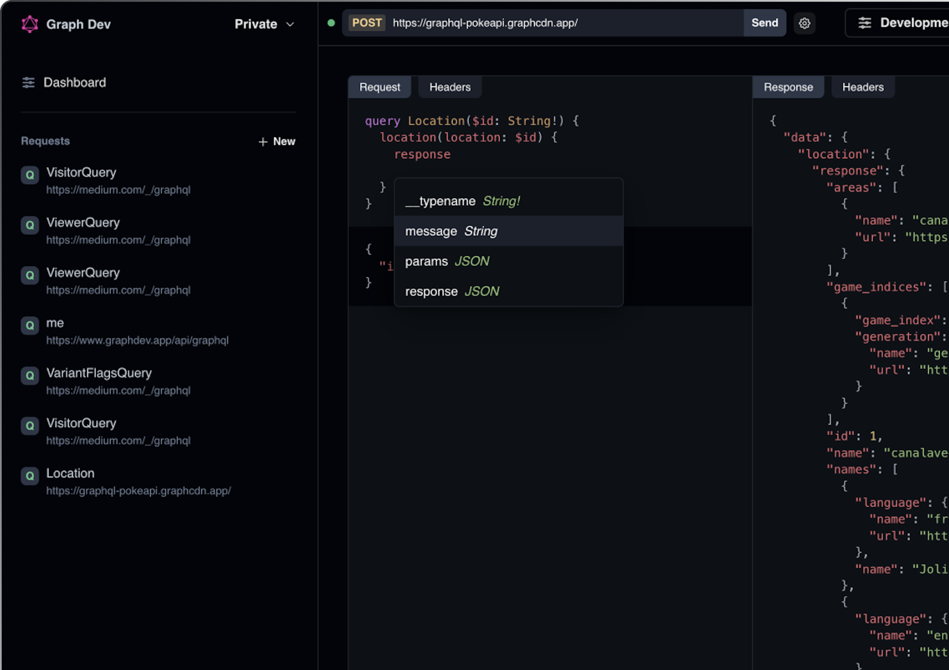 a screenshot of graph dev showing a list of queries and mutations. The right panel shows a request payload with the intellisense panel open.