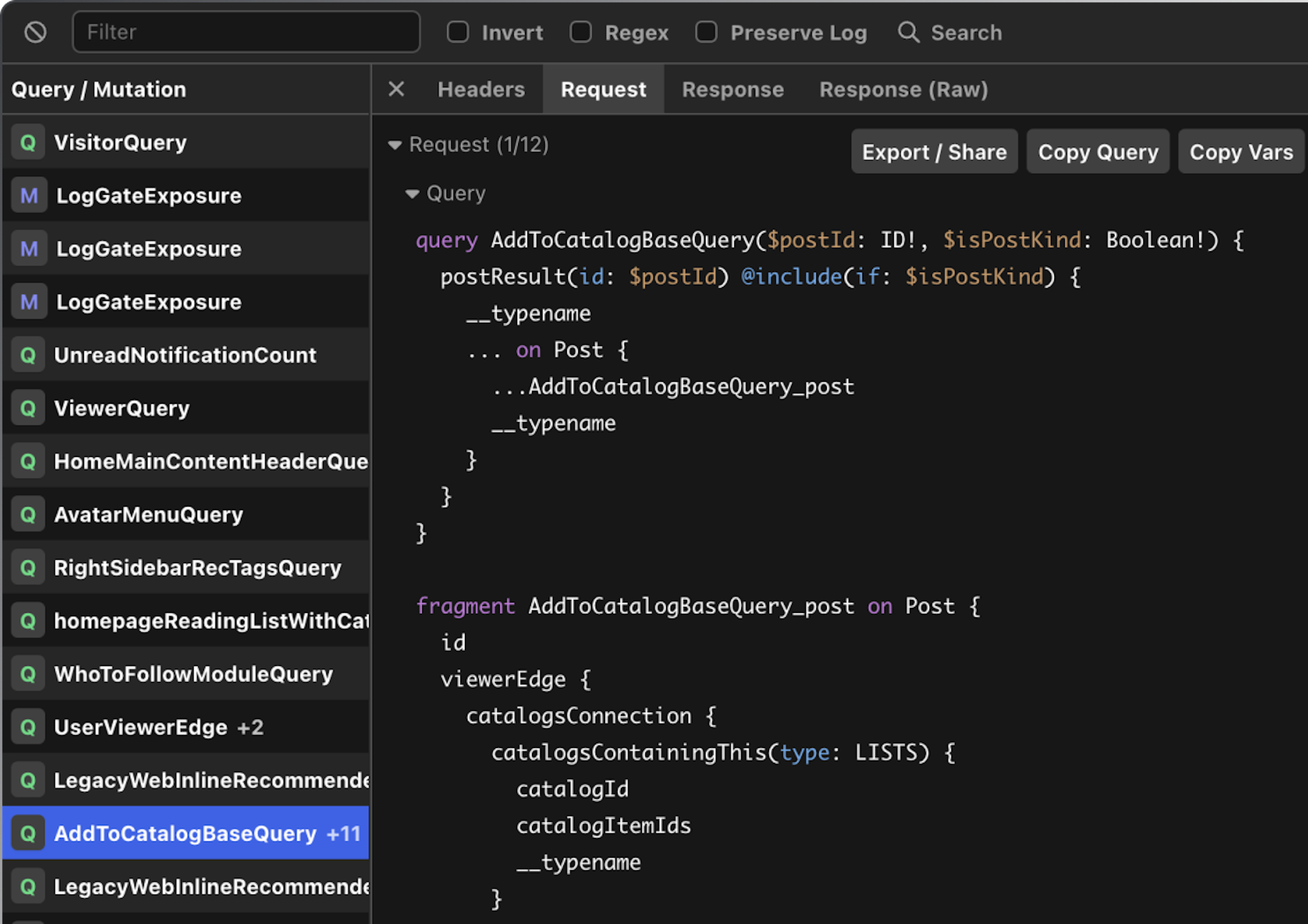 a screenshot of the GraphQL Network Inspector showing a list of queries and mutations. The right panel shows a request payload.