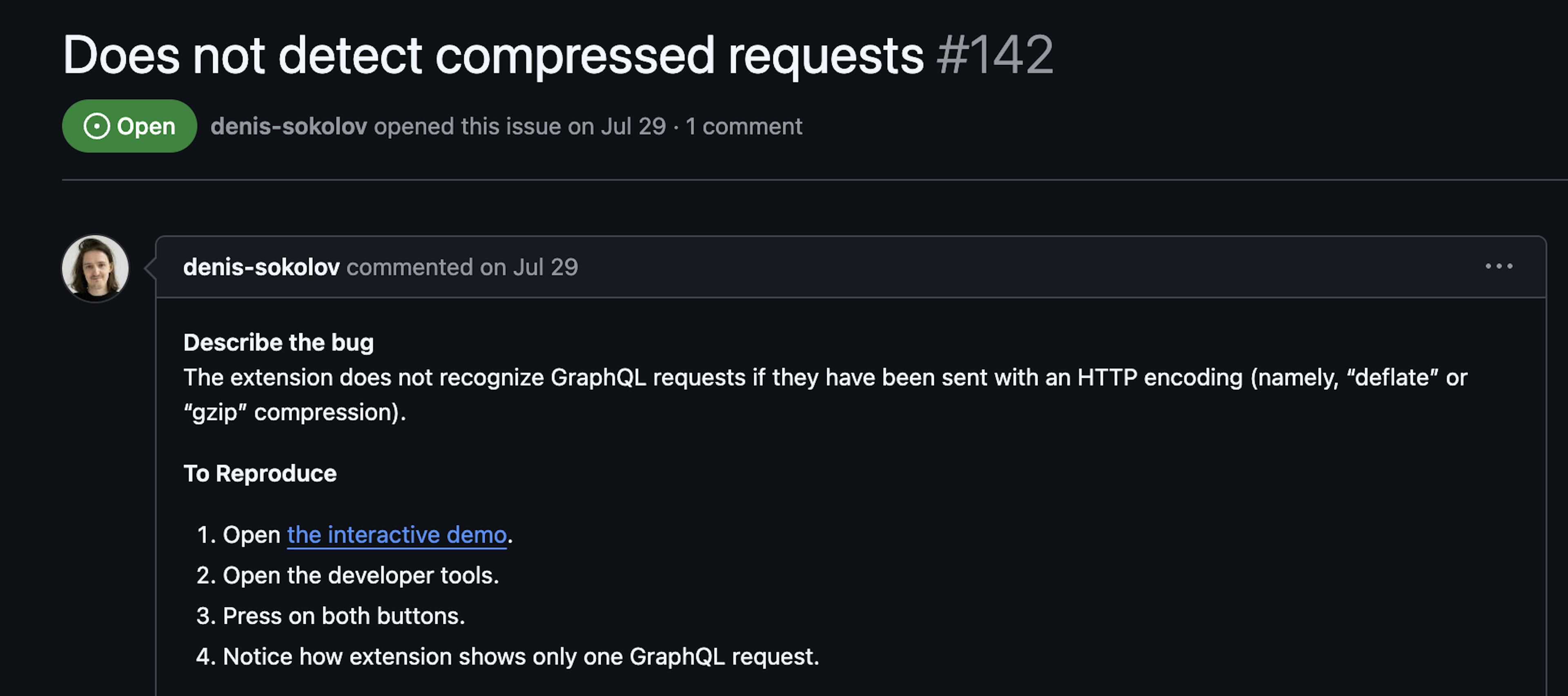 Decompress Github issue on GraphQL Network Inspector repo